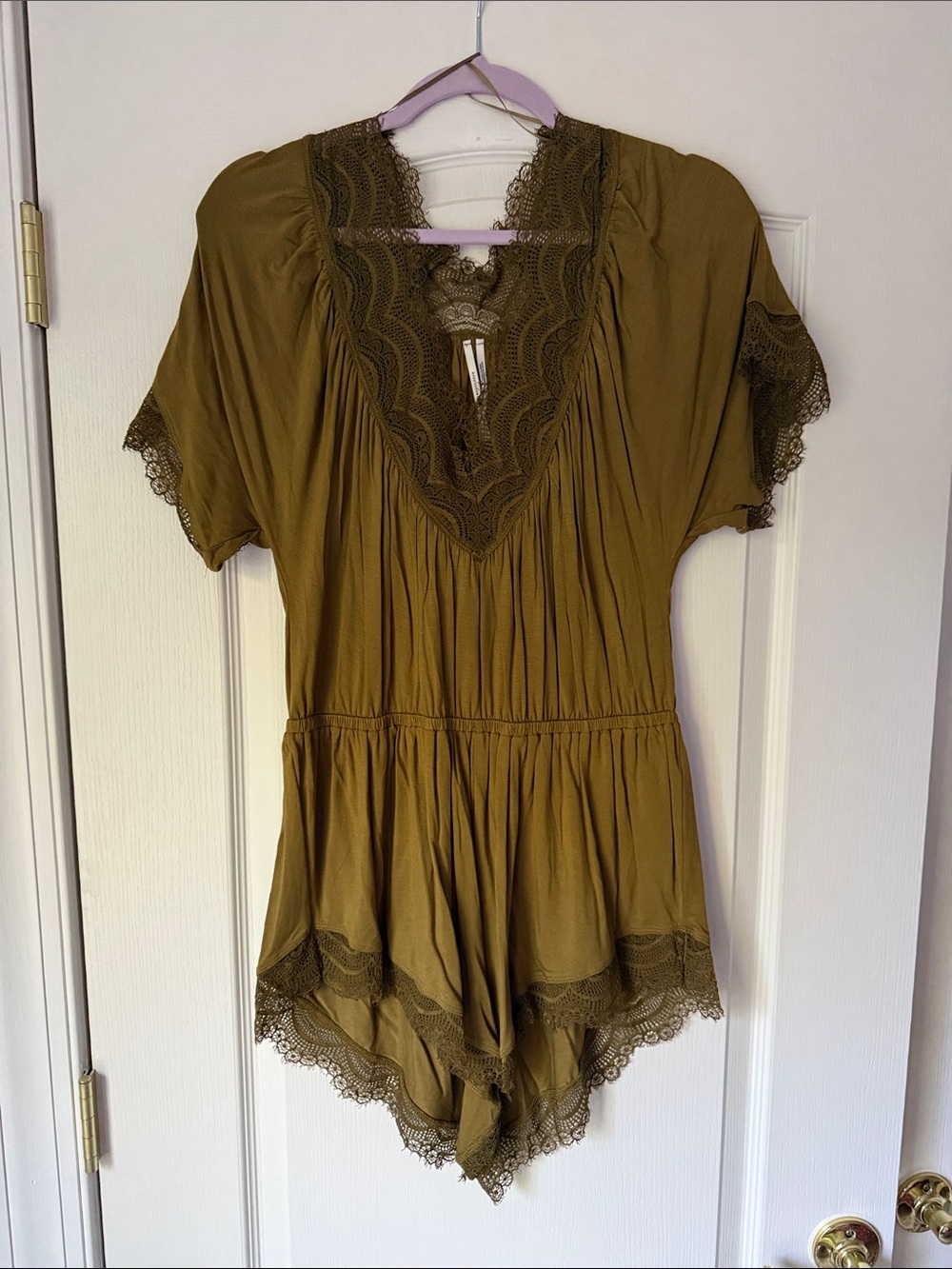 Anthropologie Olive Lace-Trim Romper Chemise